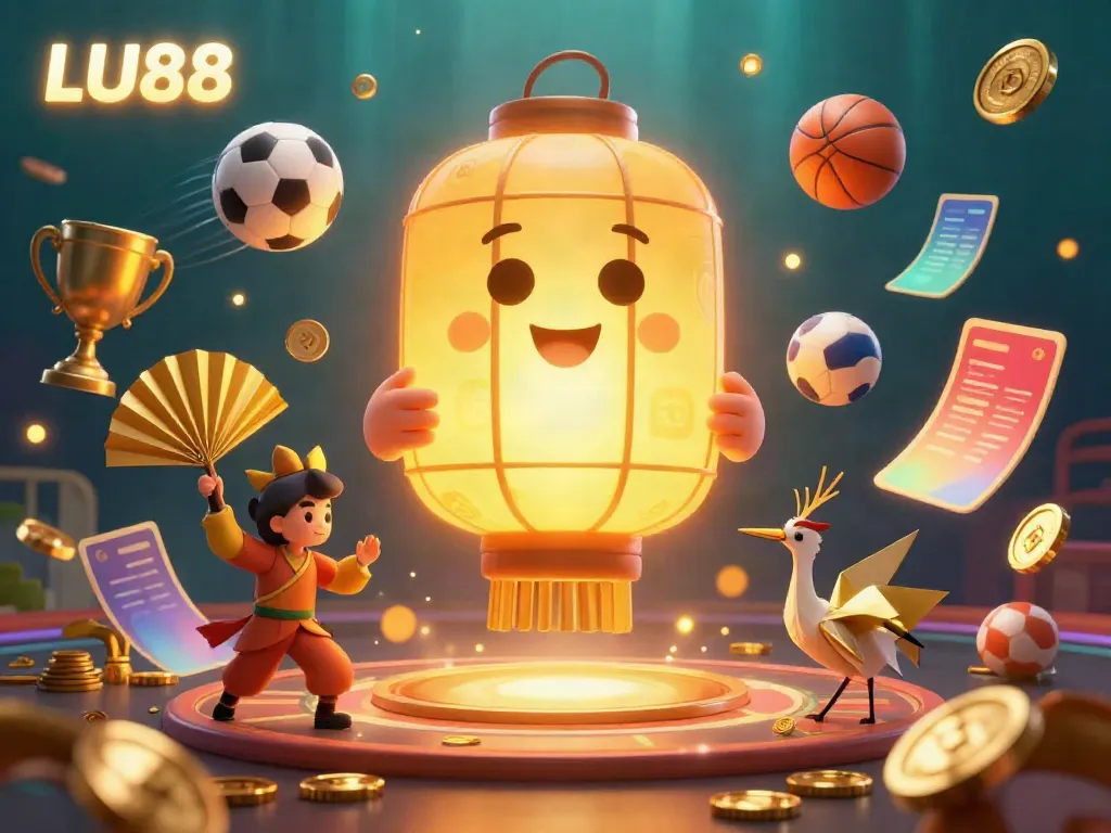 LU88 illuminates a festive casino night with vibrant characters and dynamic sports elements.