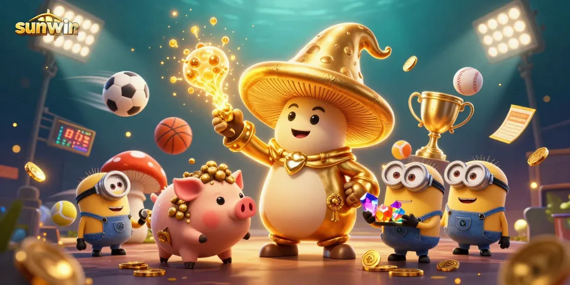 Experience exciting gameplay at sunwin with a captivating 3D illustration showcasing magical treasures and sports elements.