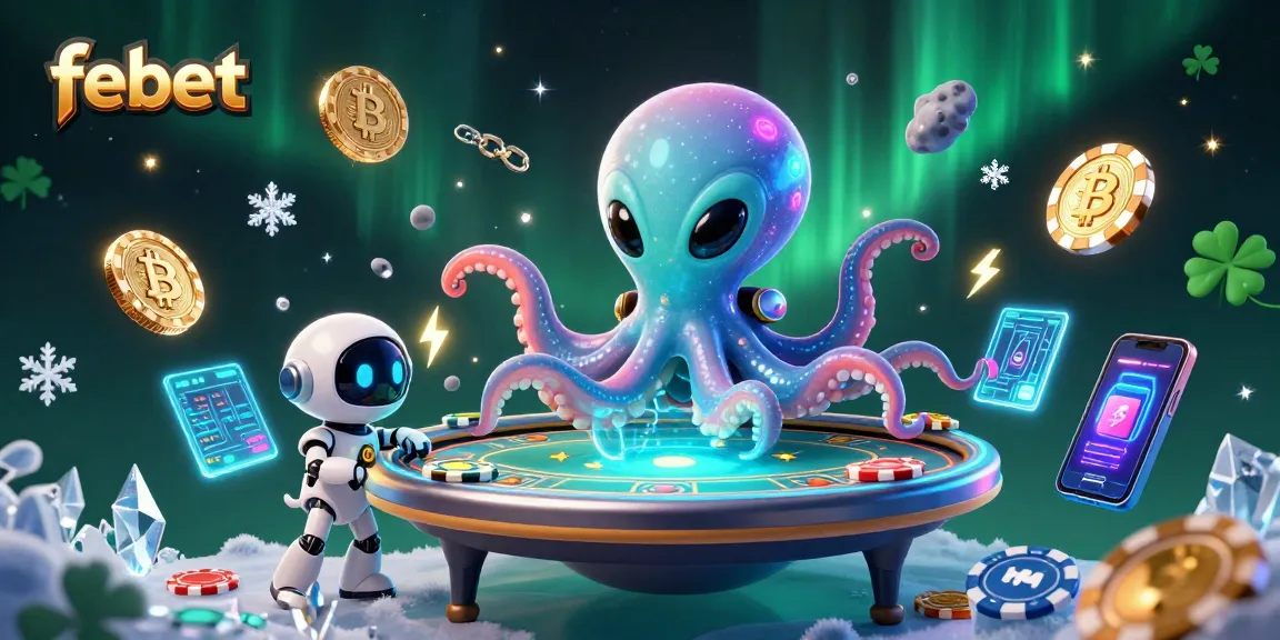 Join the excitement at febet with an alien octopus hosting a high-stakes poker game amid cosmic crypto décor.