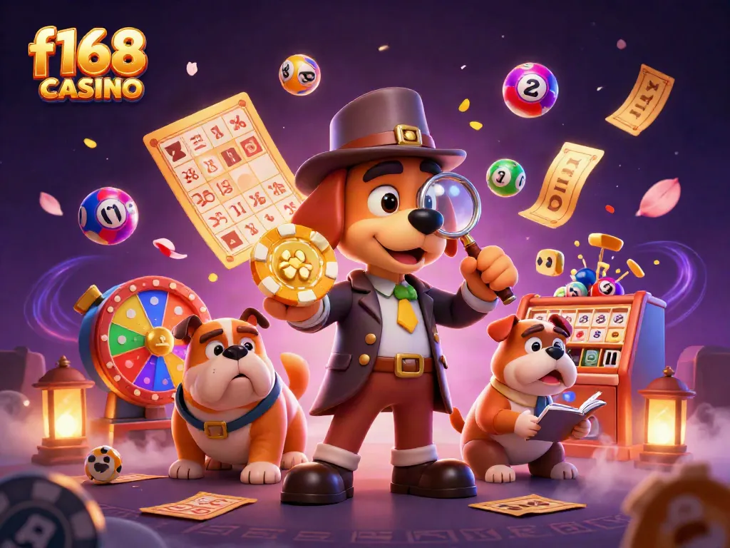 Engage with f168 casino's thrilling world featuring animated characters, vibrant lottery elements, and a rich casino atmosphere.