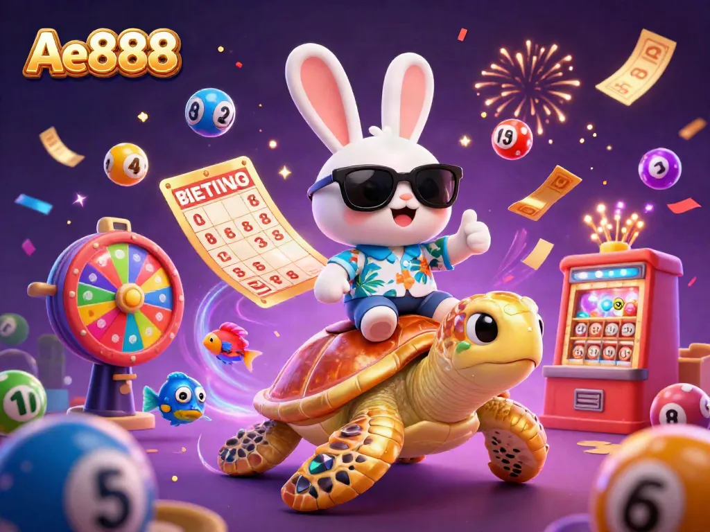 Ae888's lucky rabbit and golden turtle celebrate with lottery elements in an energetic casino scene.