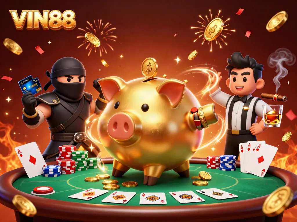 Experience the thrill of VIN88 with a lively 3D scene featuring a golden piggy bank sumo wrestler and vibrant poker action.