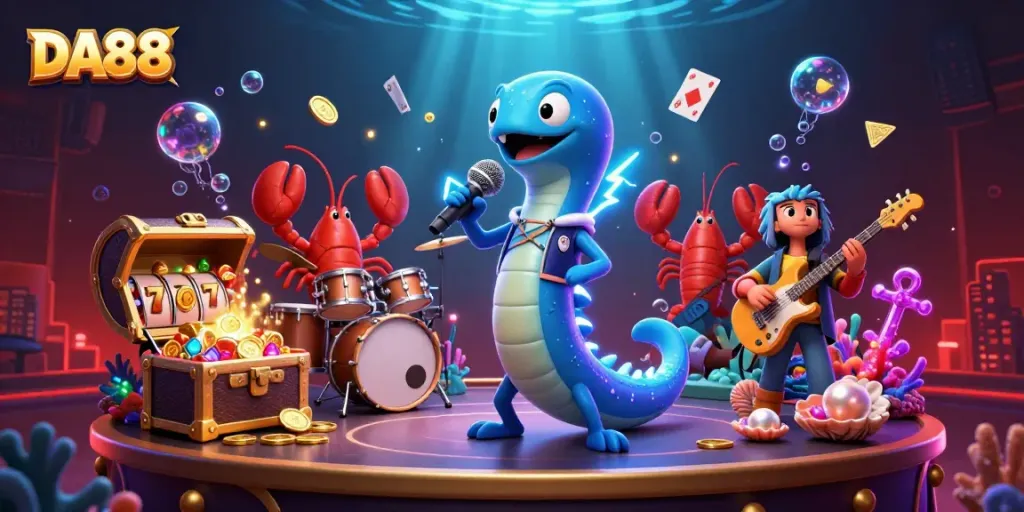 DA88 captures excitement at an underwater casino concert with vibrant characters and treasures.