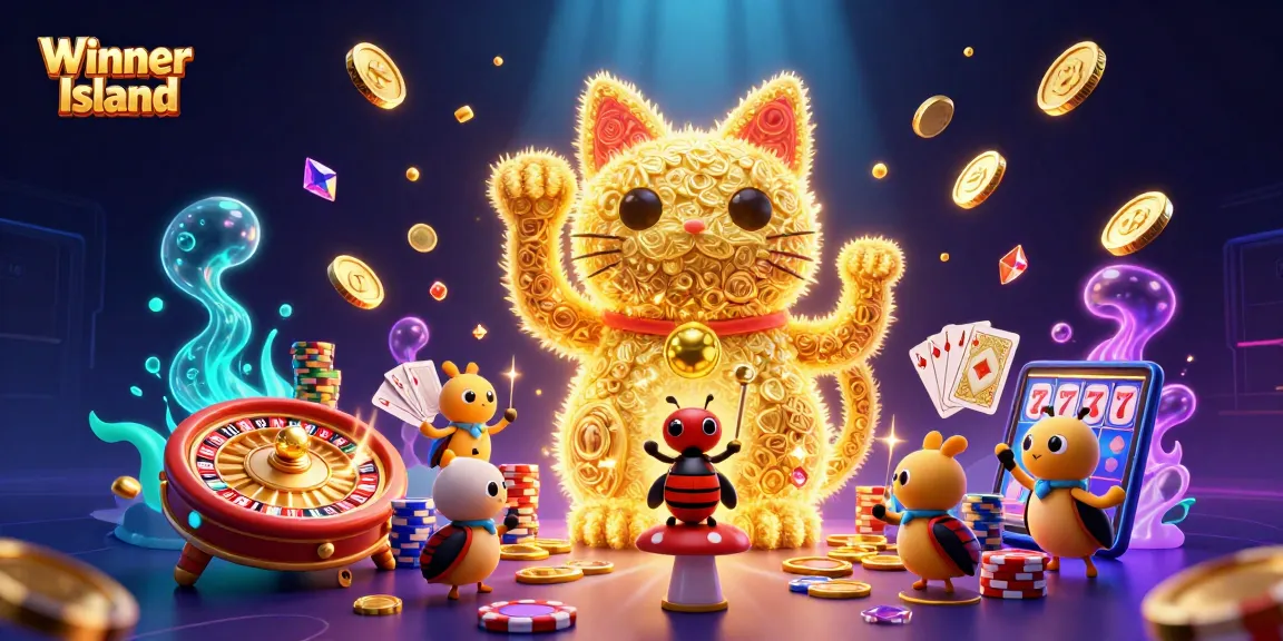 Experience the magic at Winner Island with a colorful casino scene featuring a lucky cat and stunning gaming elements.