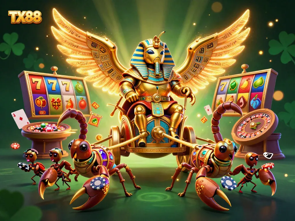 Experience the excitement of TX88 with vibrant casino elements and a majestic scarab character!
