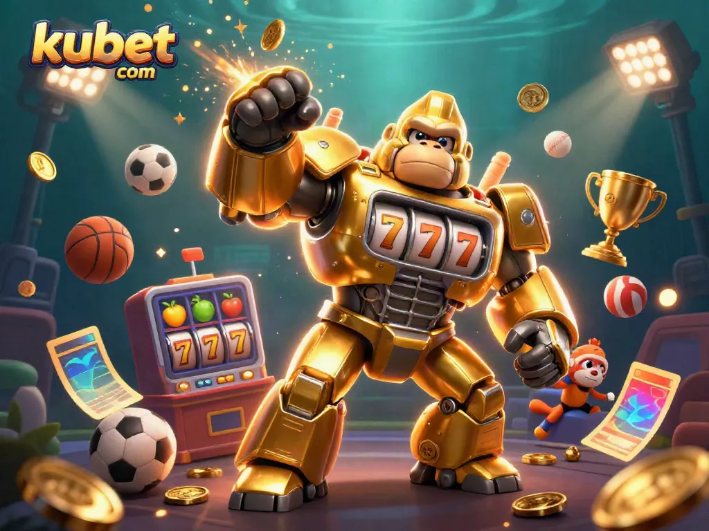 Experience excitement with kubet com featuring a dynamic gambling scene with a golden gorilla mech!