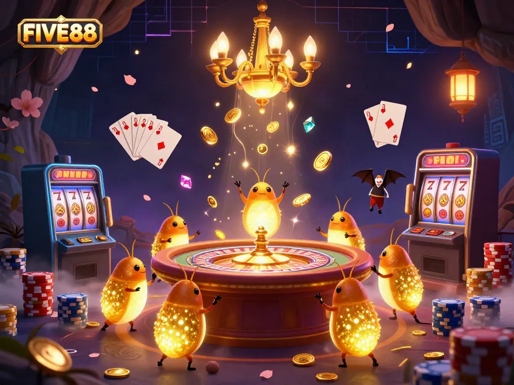 Experience thrilling gameplay at FIVE88 casino illuminated by glowworms and a bat dealer.