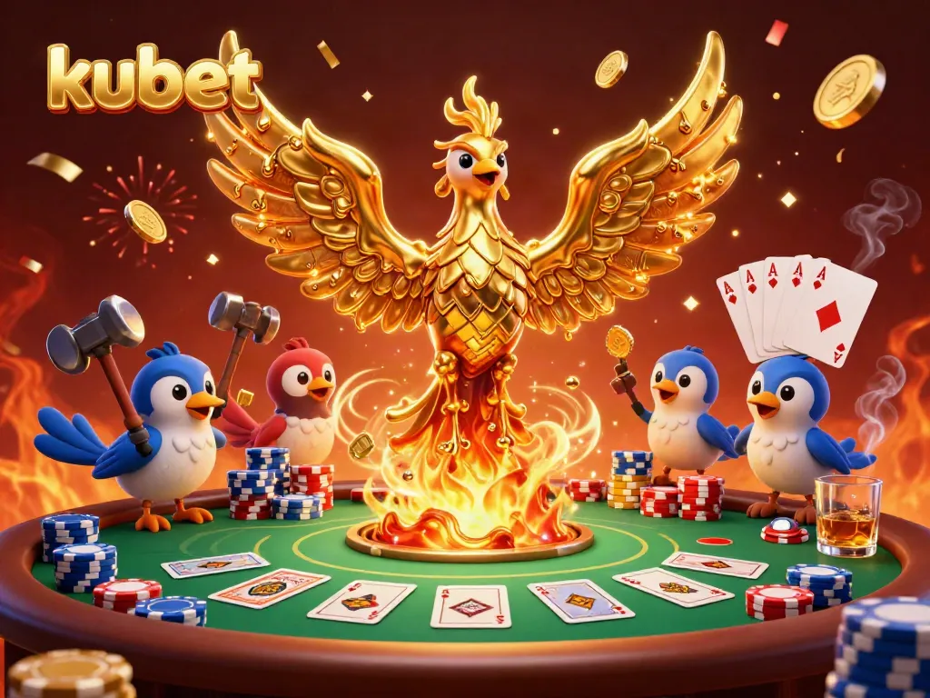 Experience the thrilling kubet casino world with a captivating golden phoenix soaring amidst poker elements.