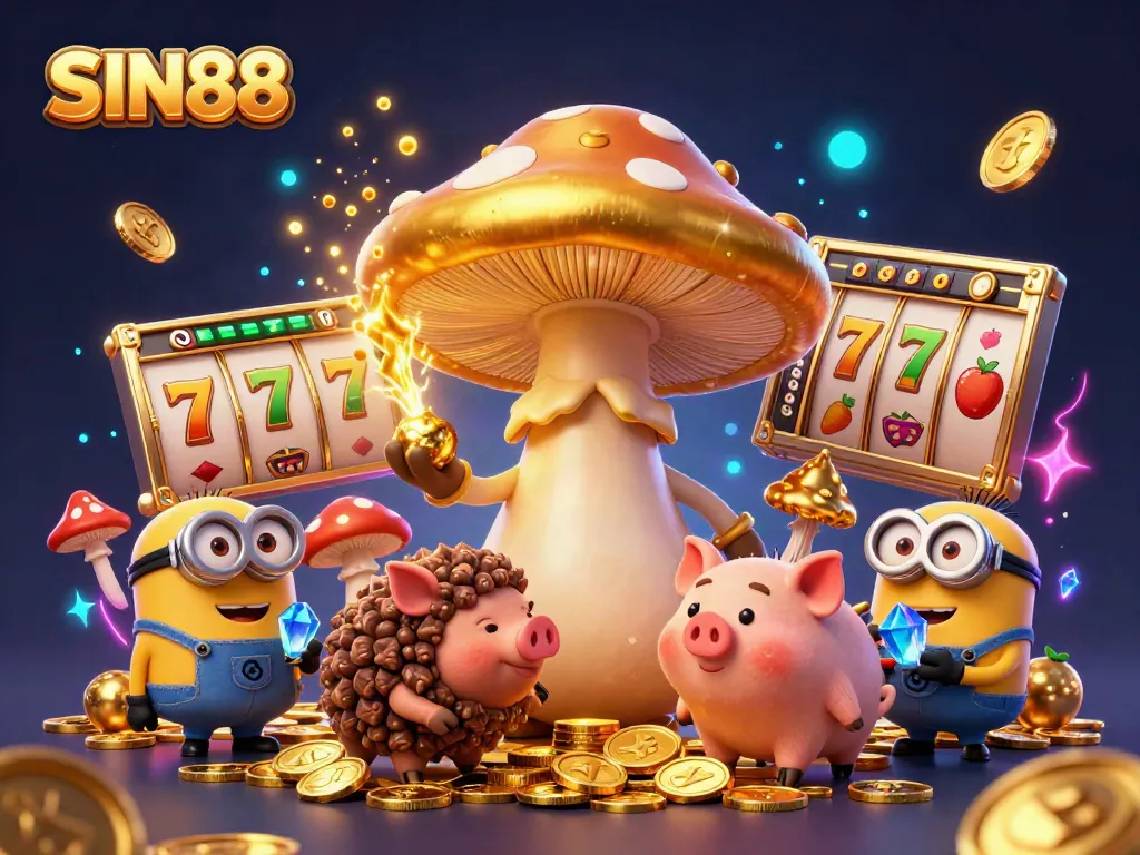 SIN88 offers an enchanting slot game scene, featuring a golden mushroom wizard and treasure-finding pig in a magical casino backdrop.