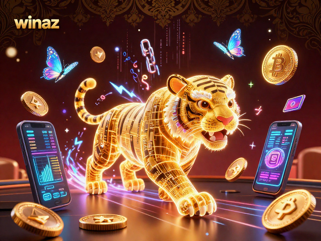 Experience the thrilling world of winaz with a dynamic 3D casino scene featuring vibrant characters and crypto elements.