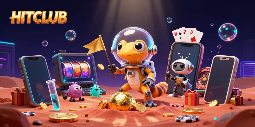 Experience the excitement of HITCLUB with a dynamic 3D casino scene of a Martian gecko discovering treasures.