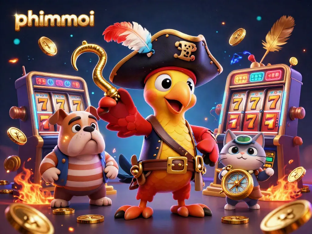 Experience thrilling phimmoi casino adventures with vibrant characters surrounded by slot games and golden treasures.