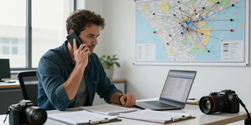 Engaging scene of a professional investigator at a desk with documents and a laptop, representing 굿탐정 흥신소 services.