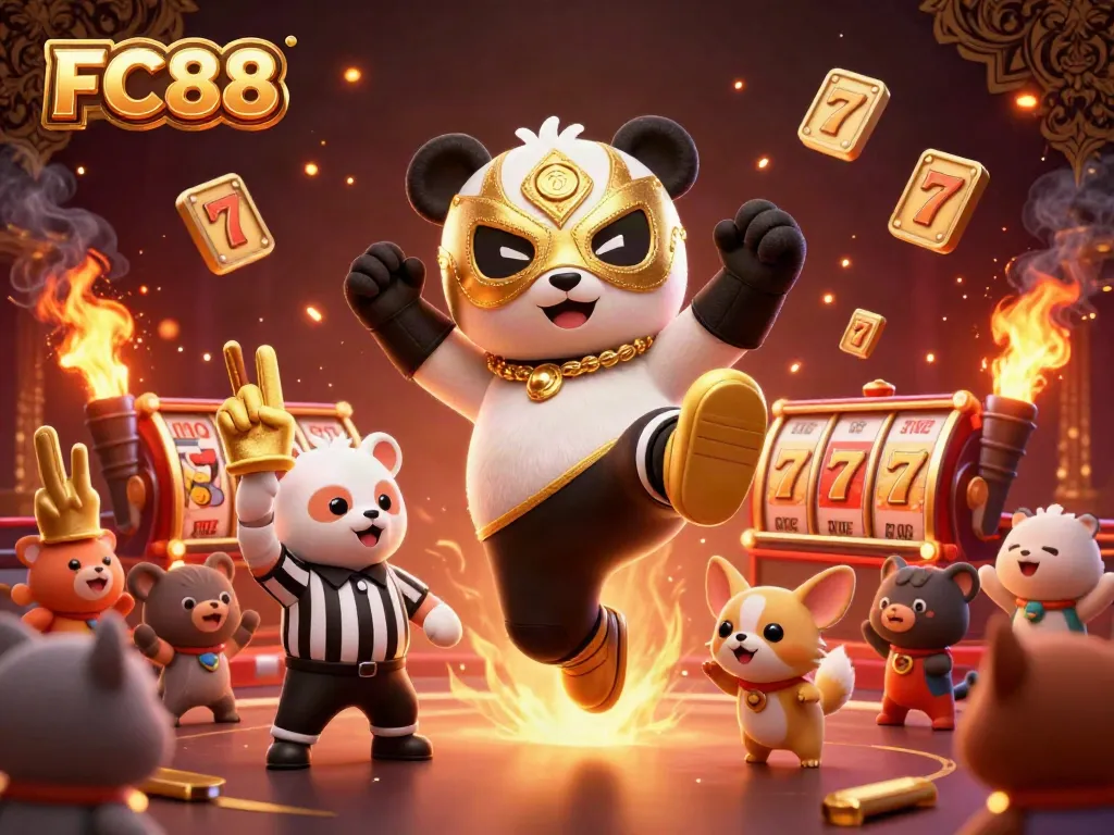 Engaging slot game scene with FC88 featuring a wrestling panda and animal fans cheering.