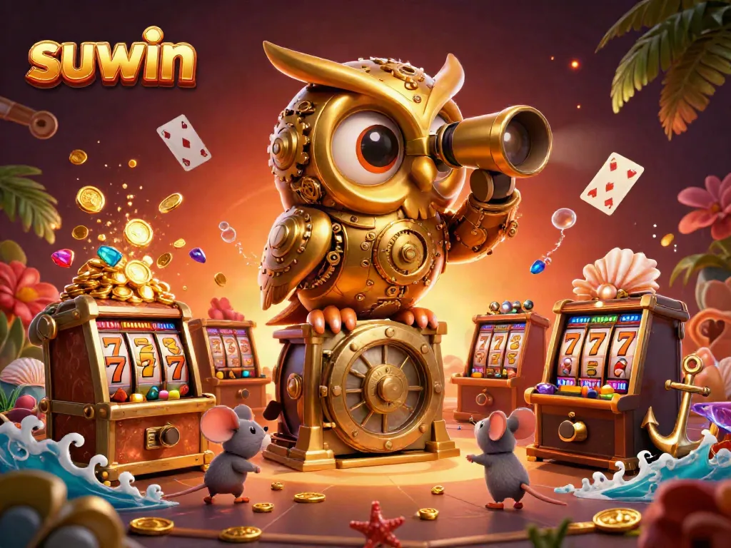 Experience suwin gaming excitement with a vibrant casino illustration filled with dynamic characters and treasures.