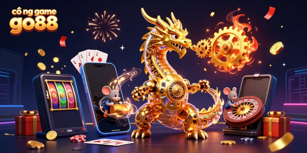 Experience dynamic thrills at cổng game go88 with a vibrant illustration of a golden dragon and game elements.