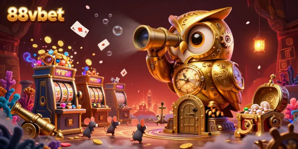 Spin for big wins at 88vbet in this vibrant casino scene with lively characters and golden treasures.