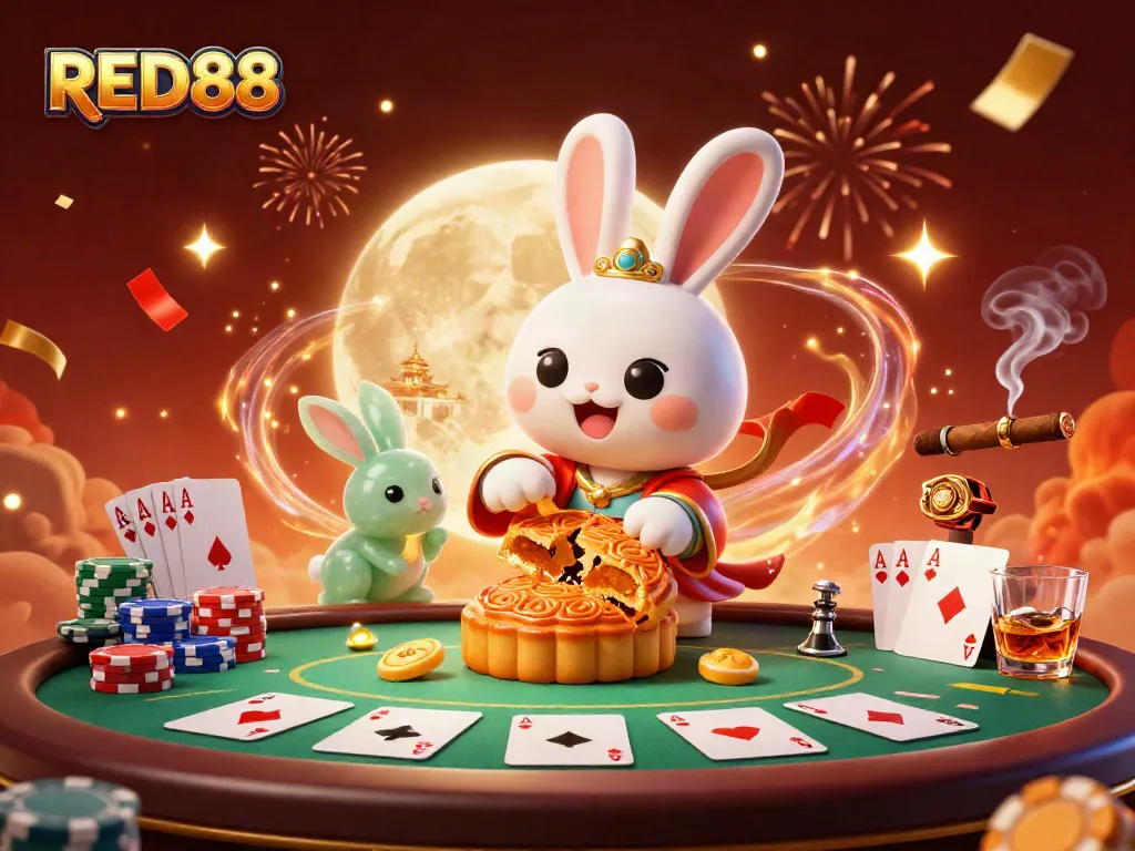 Experience thrilling casino action with RED88 as the moon rabbit reveals poker chips in this vibrant scene.