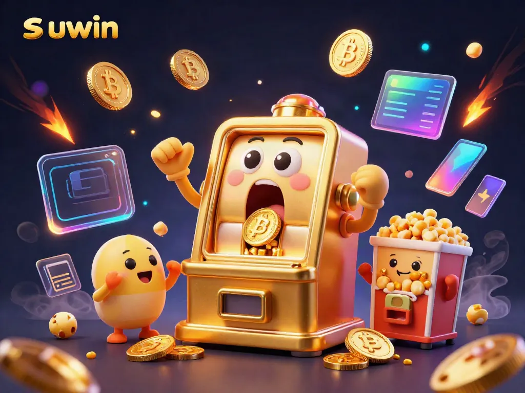 Win big with suwin at this lively casino jackpot scene featuring a golden slot machine.