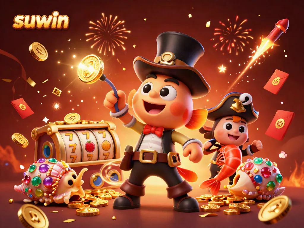Suwin and enchanted sea creatures celebrate jackpot wins with golden coins and firework effects, illustrating vibrant casino fun.