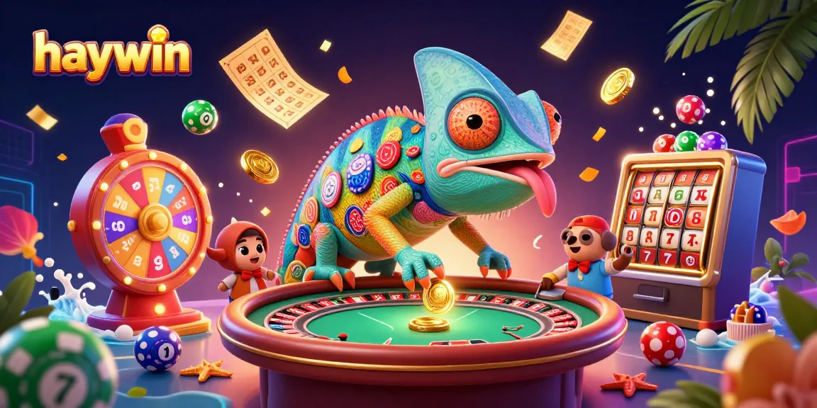 Experience exciting games at Haywin with a lively chameleon casino owner gathering golden coins and dynamic gaming elements.