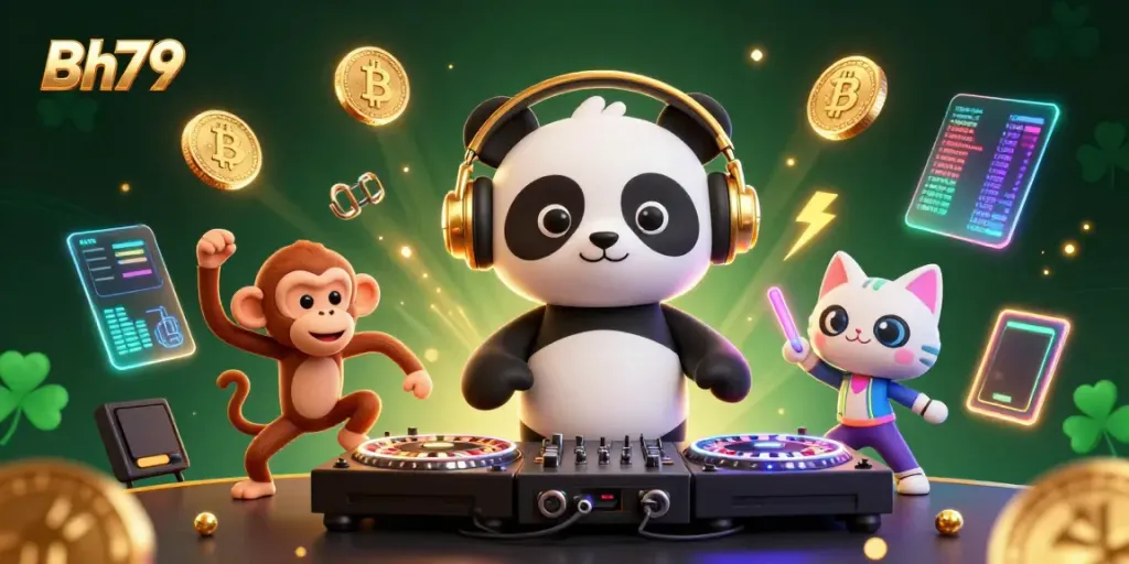 Join the fun at Bh79 with a vibrant DJ panda and friends amidst a thrilling casino atmosphere.