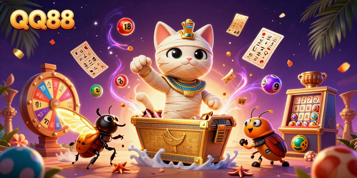 Win exciting prizes at QQ88 with colorful lottery balls and animated casino elements!