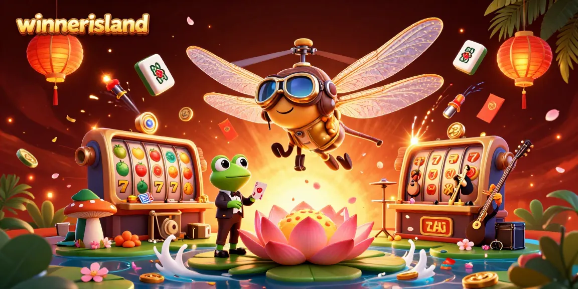 Experience the thrill at winnerisland with vibrant slot reels, dynamic characters, and festive elements.